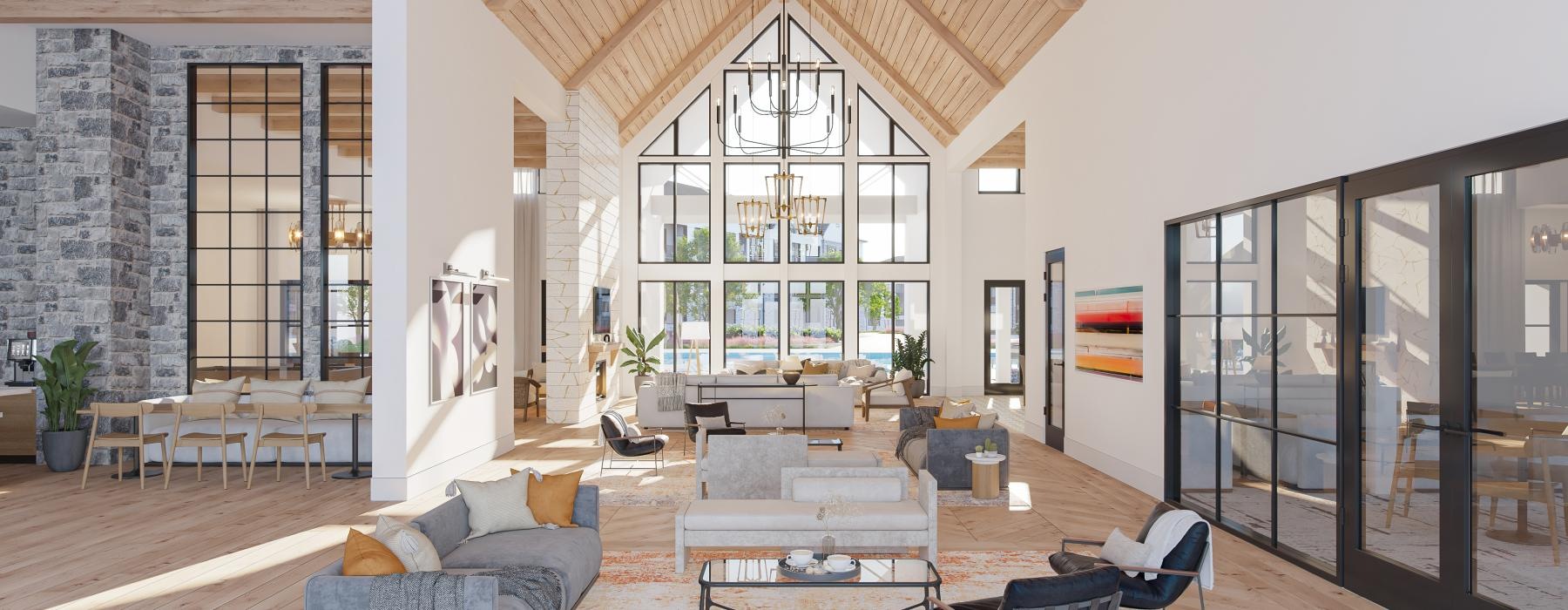 spacious clubhouse with vaulted ceilings and many windows